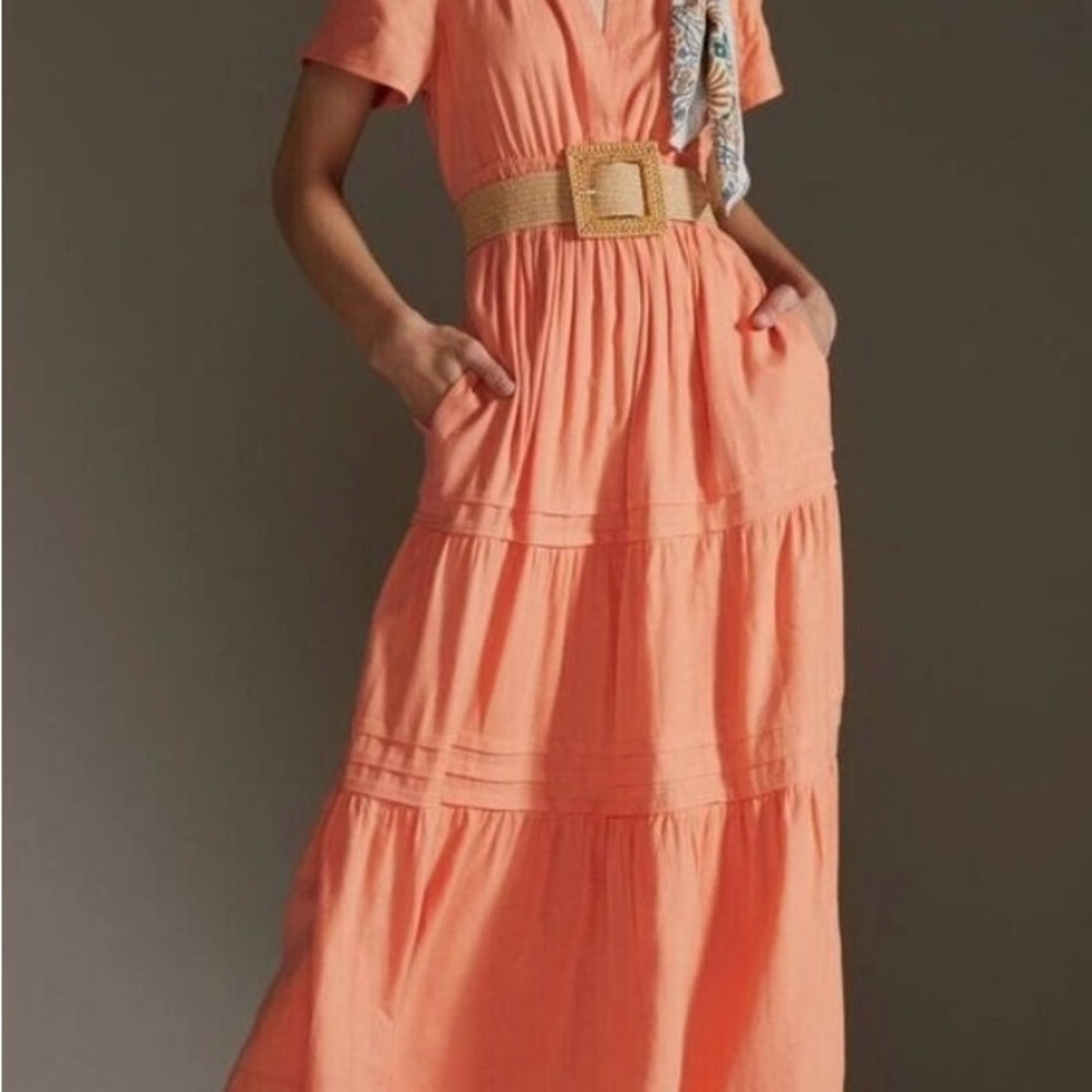 Anthropologie The Sometset Linen Edition Maxi Dress Tiered in Peach Size Med